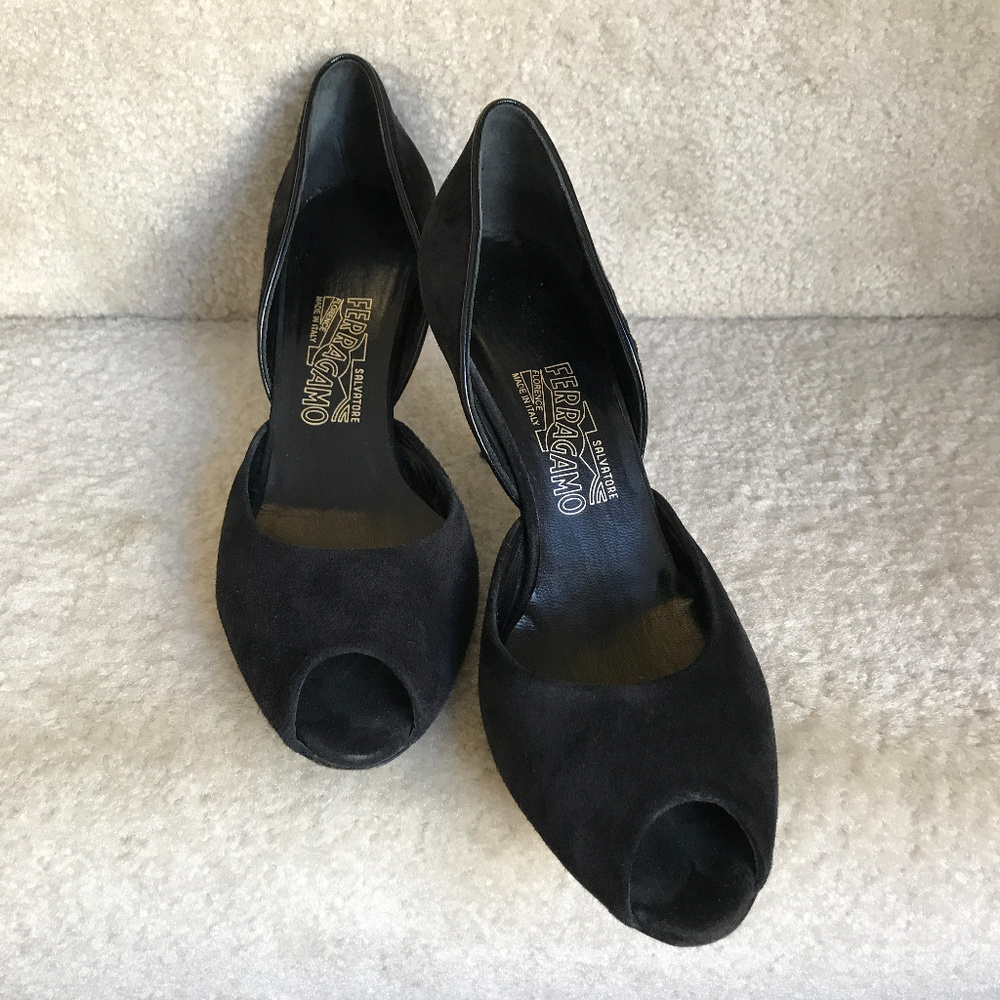 SALVATOR FERRAGAMO Black Suede Peep Toe Pumps